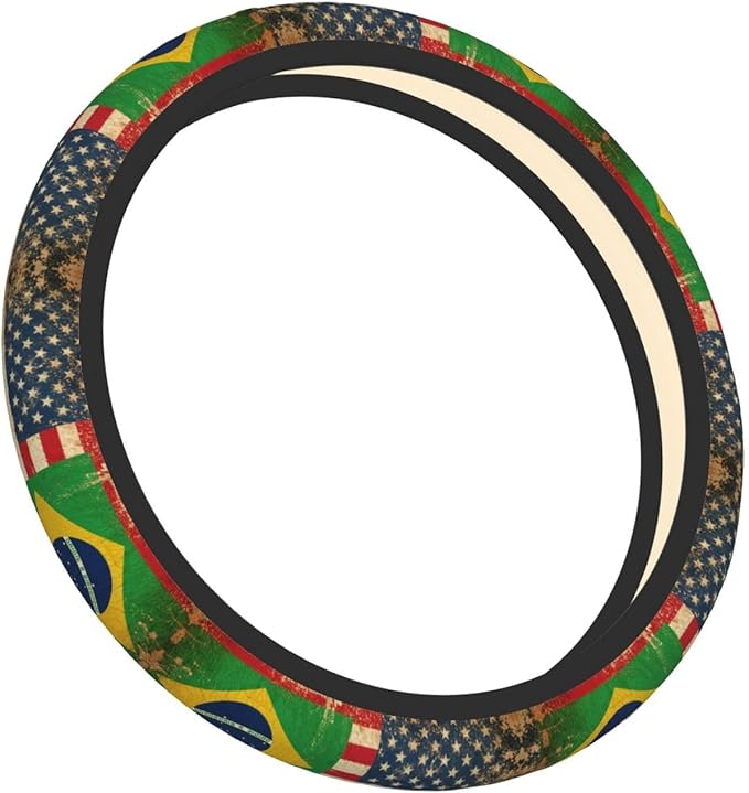 America Brazilian Flags Universal Fit Steering Wheel Cover for Car, Truck, and SUV, Durable Steering Wheel Protection