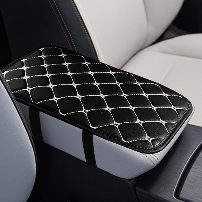 Car Center Console Cushion Pad, Comfortable PU Leather Vehicle Armrest Seat Box Cover, Waterproof Automotive Interior Arm Rest Protector Accessories, Universal Fit (Black/White)