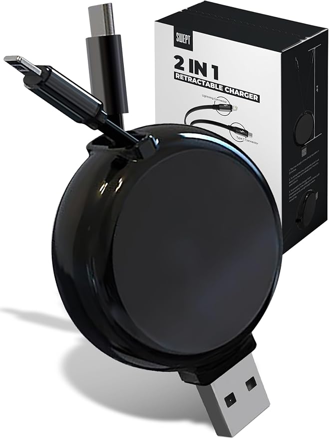 2-in-1 Retractable Charger for Car iPhone and Android, Wall Outlet or PC | Modern Car Charger Retractable Cord | 15W Fast Charging | Does not Work with CarPlay