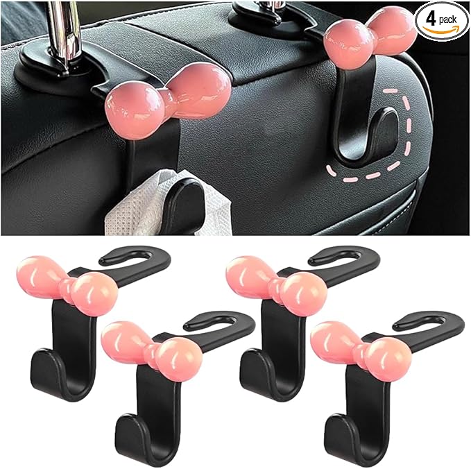 BELOMI 4PCS Car Seat Headrest Hooks, Cute Bow Vehicle Back Seat Hanger for Purses Bag, Auto Interior Backseat Storage Hanging Organizer Accessories, Universal for SUV Sedan Truck (Black)