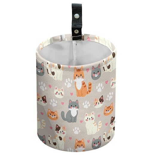 Cute Cats Car Trash Can Kitten Paws Waterproof Garbage Can Car-Seat Back Hanging Trash Bag Portable Camping Waste Bin Storage Bag Collapsible Rubbish Container for Car (5.9" W,7.2" H)