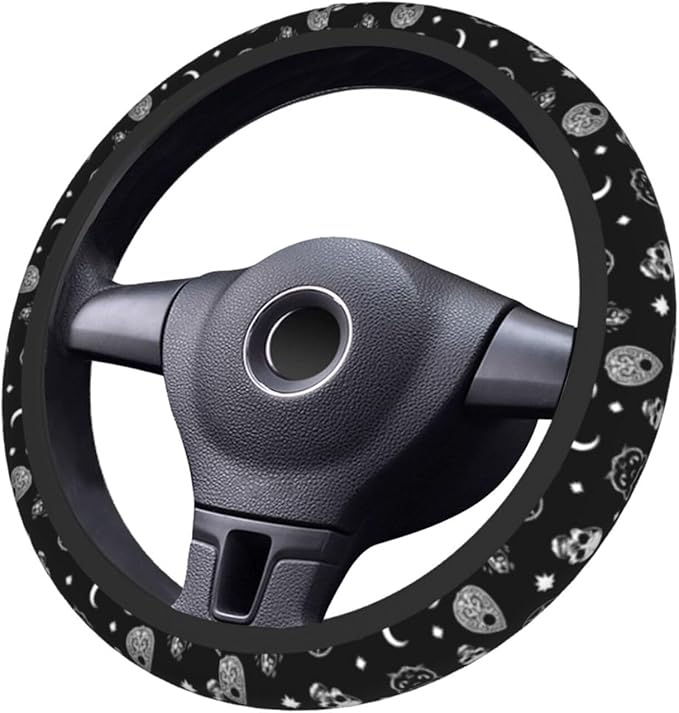 Gothic Skull Cat Moon Pattern Universal Steering Wheel Cover for Men Women, Halloween Soft Anti Slip Stretch Neoprene Steering Wheel Covers Car Protector Accessories 15 Inch-Black