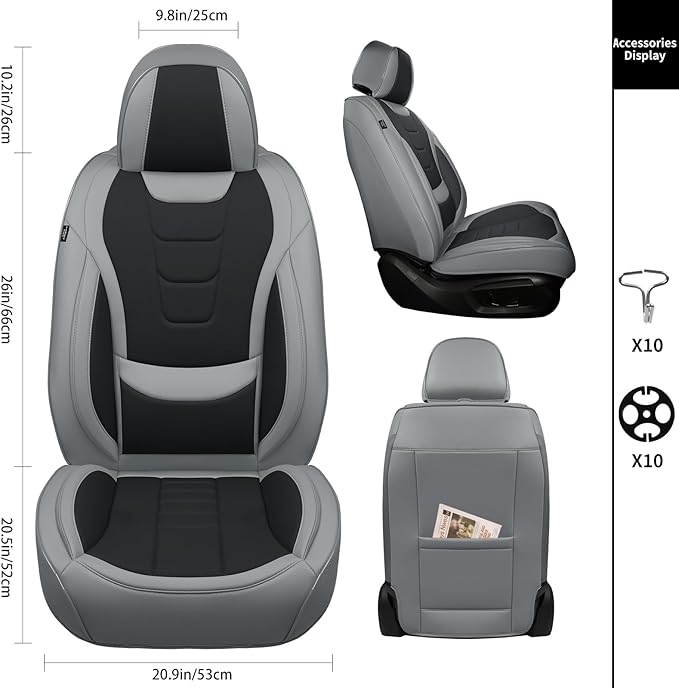 Gripure Car Seat Covers for Front Seats,Waterproof & Breathable Faux Nappa Leather, 360° Full Wrap Design, Airbag Compatible, Lumbar Support, Great for Drivers Who Need Driving Comfort,Gray and Black