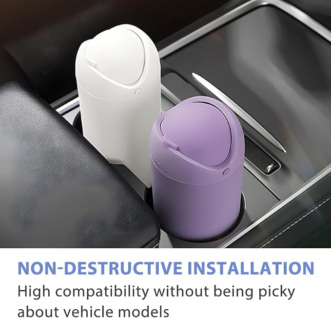 Car Trash Can with Lid, Silicone Leakproof Mini Round Vehicle Garbage Bin for Cup Holder, Portable Automotive Interior Waste Storage & Organizers Accessories, Universal Fit (Beige)