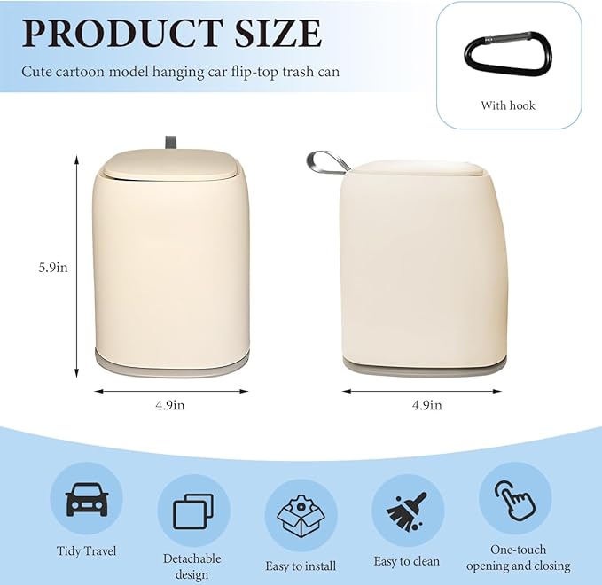 Car Trash Can Bin with Lid, Leakproof Cute Cartoon Style Hanging Car Flip Lid Trash Can, Detachable Garbage Bin Organizer Storage for Car Truck SUV Sedan, Car Accessories (White)
