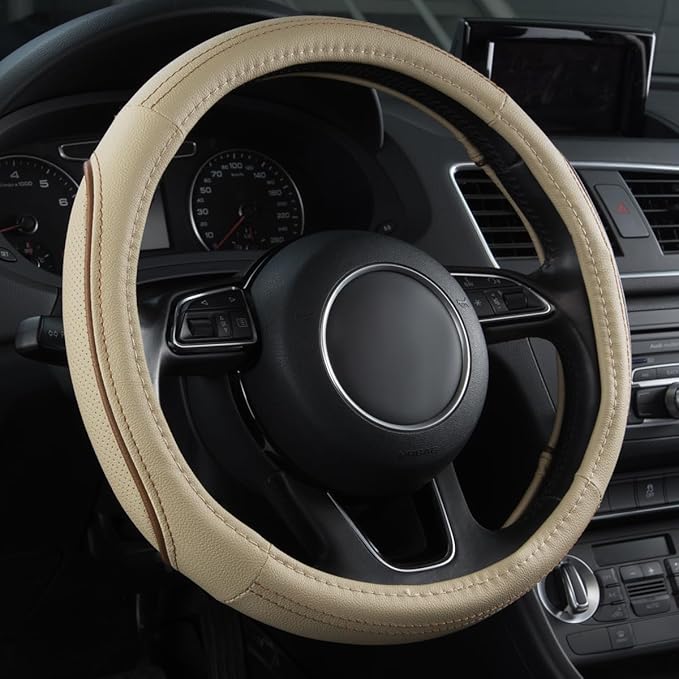 CAR PASS Line Rider Universal Fit Delux Leather Steering Wheel Cover, for suvs,sedans,Vans,Trucks for 14.7" to 15" (Beige)