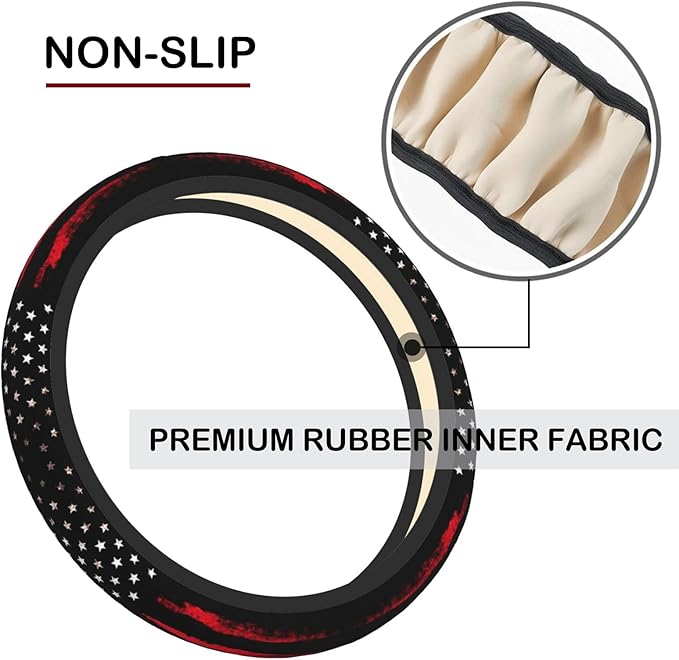Red Black American Flag Elastic Steering Wheel Cover, Non-Slip Breathable Neoprene Steering Wheel Covers, Men Car Accessories, Universal 15 Inch Fit Auto, Suvs, Truck
