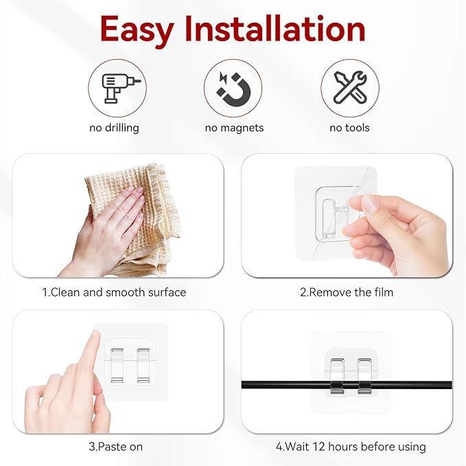 Hooks for Outdoor String Lights, 80 Pack Heavy Duty Cable Clips, Damage Free Cord Clips, Waterproof and UV-Resistant, Clear Self-Adhesive Hooks for Hanging Christmas Lights Outdoor and Patio Decor