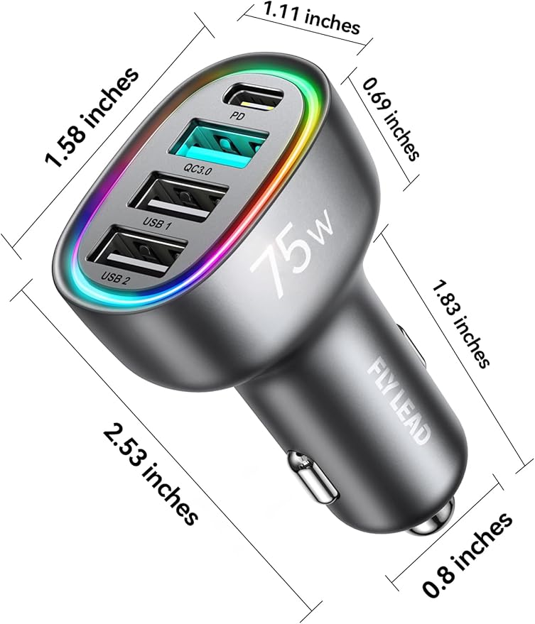 75W Car Charger USB C, 4 Port Super Fast Cigarette Lighter USB Charger, Type C 60W & QC 3.0 Multiport Car Phone Adapter Accessories for iPhone 17/16/15/14/13/12 Pro Samsung S20 S21 S22 S23, Android