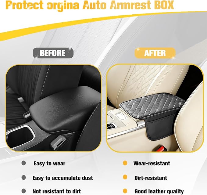 Car Center Console Cover, Leather Vehicle Armrest Storage Box Protector with 2 Storage Bags, Automotive Interior Middle Console Cushion Pad, Universal for SUV Sedan Truck (Black)