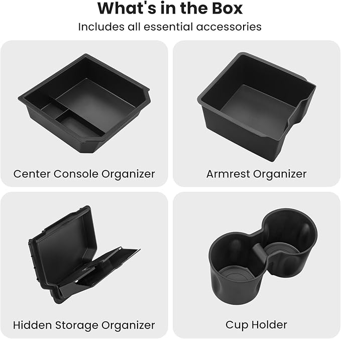 4Pcs Center Console Organizer Tray for Tesla Model 3 Highland 2024 2025 and Model Y Juniper 2025 2026 Accessories, Cup Holder Insert for New Model Y, Armrest Hidden Storage Box for New Model 3