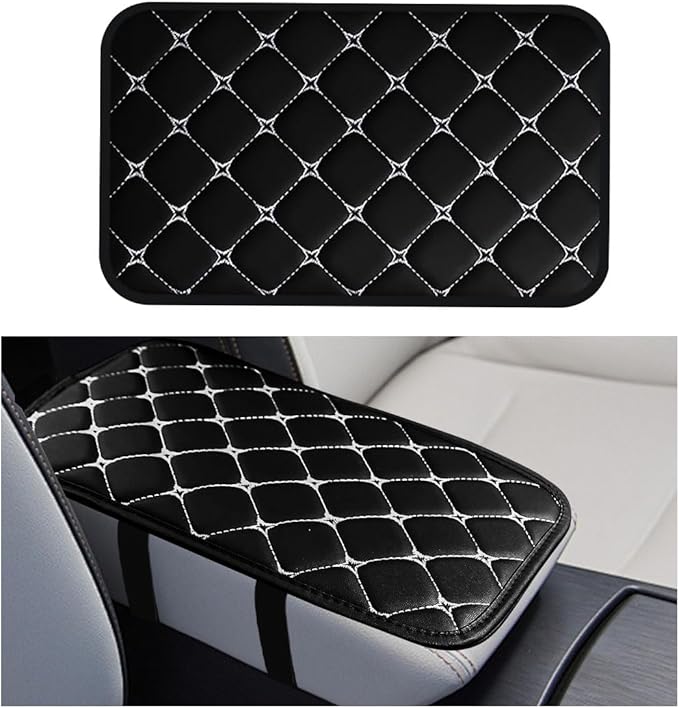 Car Center Console Cushion Pad, Comfortable PU Leather Vehicle Armrest Seat Box Cover, Waterproof Automotive Interior Arm Rest Protector Accessories, Universal Fit (Black/White)