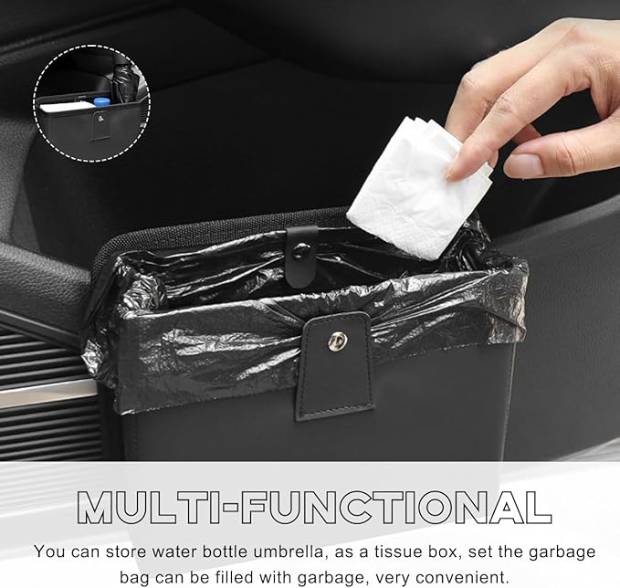 Car Trash Can, Foldable Waterproof Leather Car Garbage Organizer Holder, Automotive Mini Dustbin Container with One Roll Trash Bag, Universal Interior Car Accessories (Black, M)