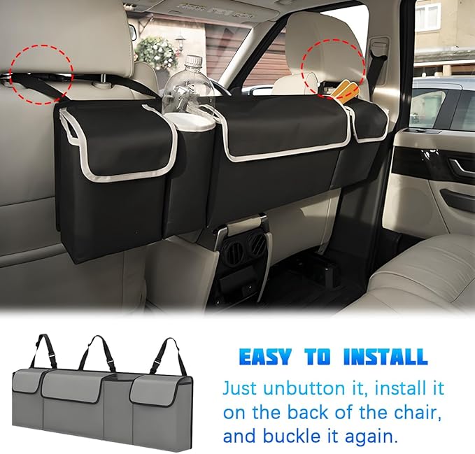 Car Trunk Organizer with Lid, Large Waterproof Vehicle Backseat Hanging Storage Bag with 4 Pockets & Adjustable Straps, Collapsible Automotive Interior Cargo Bag, Universal Fit (Grey)