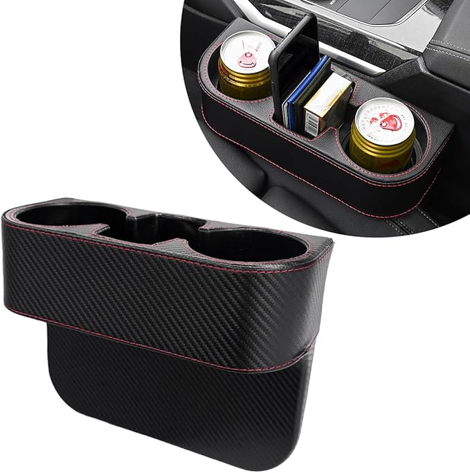 Car Cup Holder Gap Filler Organizer, Multifunctional Auto Front Console Gap Filler with Cup Holder, Leather Extra Cup Holder Storage Box for Car Truck SUV, Car Accessories (Carbon Fiber)