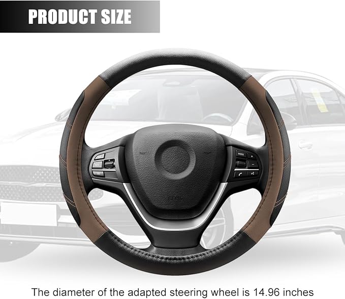 Car Steering Wheel Cover, 15 Inch Carbon Fiber Leather Non-Slip Steering Wheel Protector with Lining, Breathable Automotive Interior Accessories, Universal for SUV RV Truck (Brown)