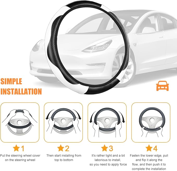 Carbon Fiber Car Steering Wheel Cover, 14.5-15 Inch Elastic Stretch Steering Wheel Guard, Sports Style Non-Slip Automotive Interior Accessories, Universal for Vehicles (Black/White)