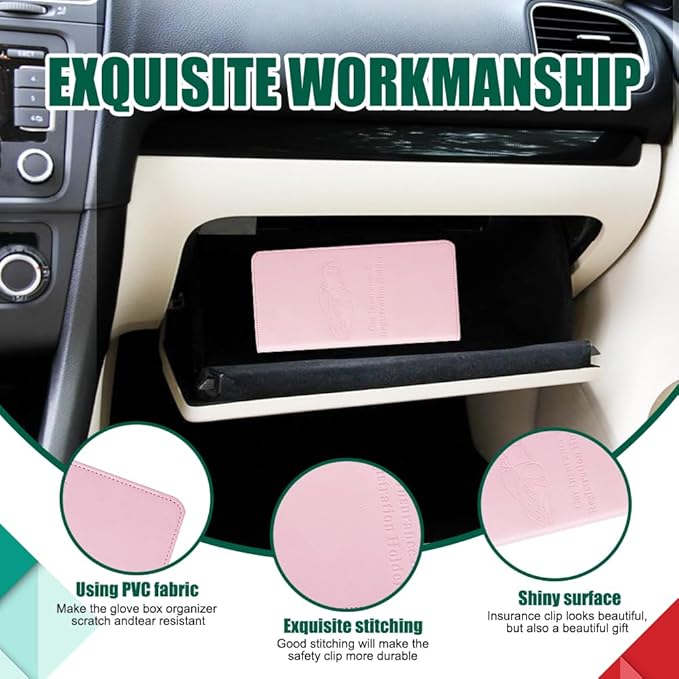 Vehicle Glove Box Car Organizer, Car Registration and Insurance Holder, Insurance Card Holder for Cars, Leather Card Holder Interior Auto Accessories for Women (Pink/Large)