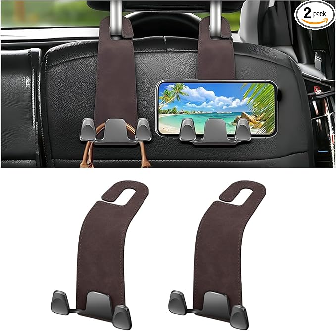Car Seat Headrest Hook, 2PCS Leather & Metal Double Hook Vehicle Back Seat Hanger Holder for Phone Handbag Purse, Automobile Storage Organizer, Universal for Van Truck Sedan (Brown)