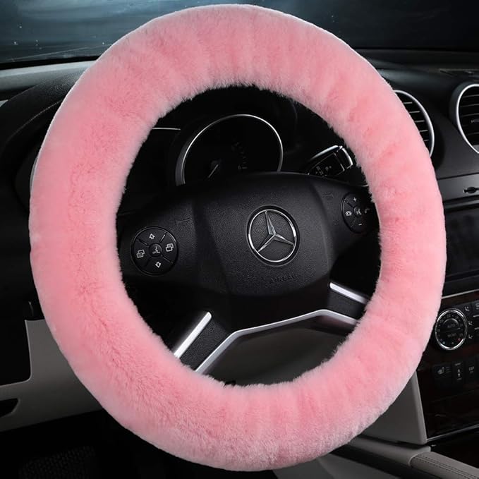 OGLAND Natural Fur Wool Sheepskin car Steering Wheel Cover,Protector for Universal Steering Wheel 15 Inchs, Anti-Slip,Comforting and Luxurious, Soft Texture, Gift for Women (Korean Pink)