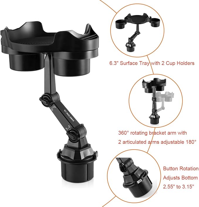 HOLDCY Cup Holder Expander for Car, 360 Degrees Rotate Adjustable 6.3 inches Surface Car Tray Table and Drink Holders with 3 Coaster, Car Cup Holder Tray Apply to All Auto Models