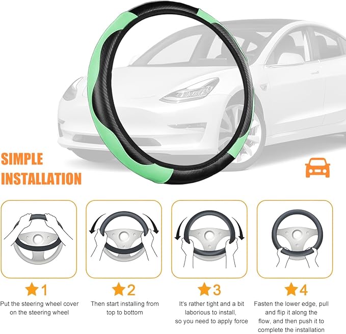 Carbon Fiber Car Steering Wheel Cover, 14.5-15 Inch Elastic Stretch Steering Wheel Guard, Sports Style Non-Slip Automotive Interior Accessories, Universal for Vehicles (Green)