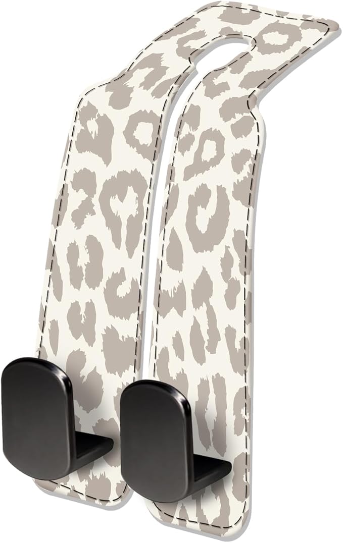 NUGGHU Car Seat Headrest Hook, Universal Leather Cute Hanger Holder Hook, Storage Organizer Interior Accessories for Purse Bags Handbag Luxury Grey Leopard
