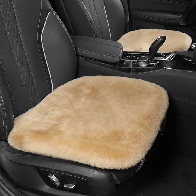 Genuine Sheepskin Auto Seat Pad, Australian Soft Wool Seat Cover Breathable and Sweat-Wicking Comfort Warm Universal Fit,19.2 inch x19.2 inch (Front seat Cushion 1pc, Khaki)
