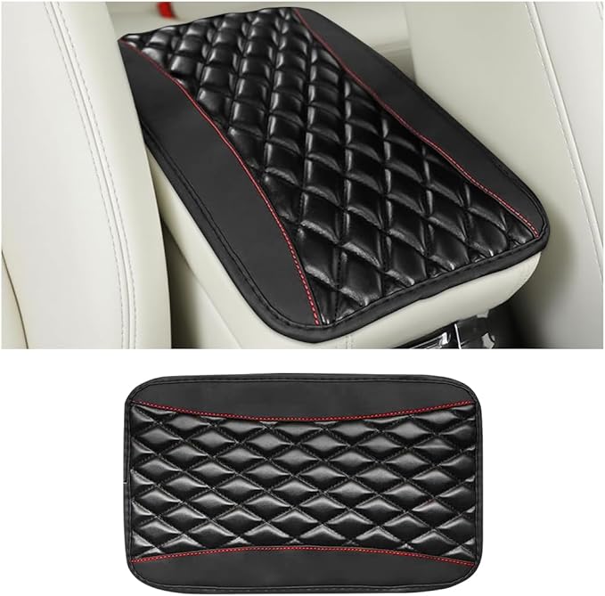 Car Center Console Cover, Comfortable PU Leather Vehicle Armrest Storage Box Cushion Pad, Anti-Scratch Automotive Interior Arm Rest Cover Protector, Universal for Truck SUV Sedan (Black)