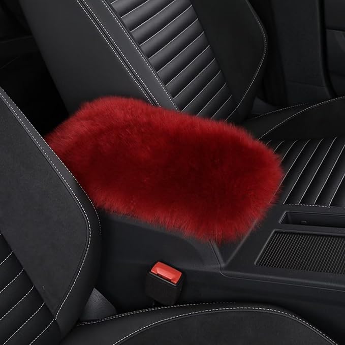 Wool Car Center Console Cover,Universal Fluffy Sheepskin Car Armrest Pad,Car Interior Accessory for Women Men,Armrest Cover Protector for Cars,Vehicles,SUV Red