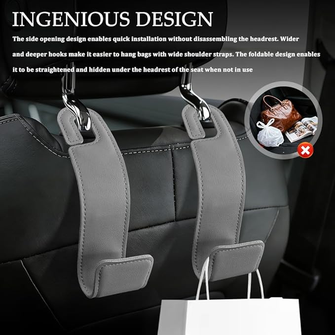 2PCS Purse Holder for Car, Purse Hook for Car, Leather Headrest Hooks for Automotive Back Seat, Auto Accessories Back Seat Organizer Hook for Grocery Bag Handbag Coat (Grey, 2PCS)