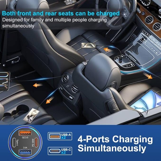 Car Charger USB C Fast Charging, 65W 4-Port Fast Car Phone Charger Accessories Dual USB-C & USB-A Cargador Carro Cigarette Lighter Adapter for iPhone 17 16 15 14 13 Pro Max,iPad,Samsung,Tablet,Android