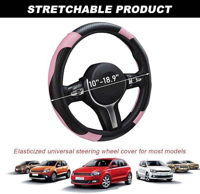 Car Steering Wheel Cover, 15 Inch Carbon Fiber Leather Stitching Color Steering Wheel Protector, Anti-Slip Elastic Breathable Steering Wheel Cover Stylish Decor for Most Cars (Black&Pink)