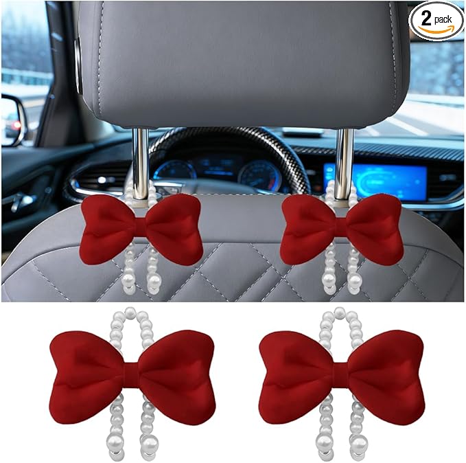 Car Seat Headrest Hook, 2PCS Elegant Bow Pearl Cute Vehicle Back Seat Hanger Hook, Automotive Headrest Storage Organizer for Handbag Purse Coat, Universal for SUV RV Truck (Red)