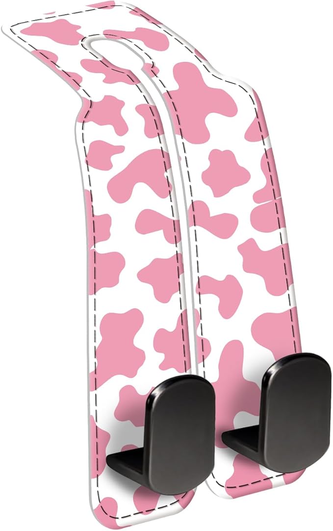 AXBSAKDI Car Seat Back Storage Headrest Hook, Premium Leather Double Metal Hook, Hanger Storage Organizer for Purse Cloth Bag, Car Interior Accessories Pink Cute Cowhide