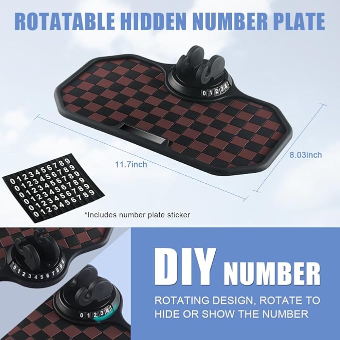 NHHEO Car Anti Slip Mat Dashboard Tray Decorations Sticky Pad Multi Functional Thickened and Widened Washable with 360° Rotating Universal Phone Pad Holder+Number Plate(Black&Brown)