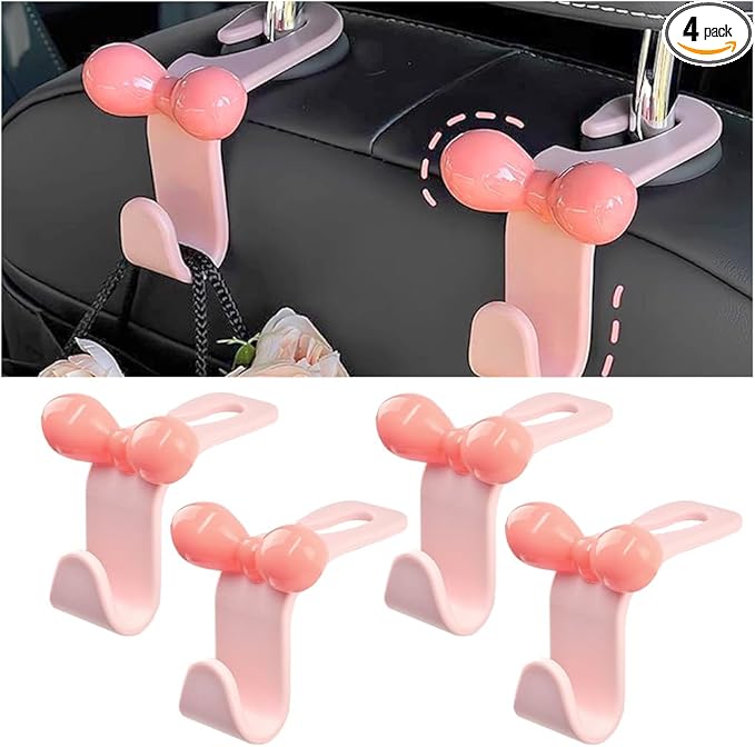 BELOMI 4PCS Car Seat Headrest Hooks, Cute Bow Vehicle Back Seat Hanger for Purses Bag, Auto Interior Backseat Storage Hanging Organizer Accessories, Universal for SUV Sedan Truck (Pink)
