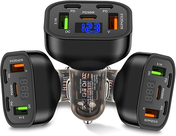 5 Ports PD30W LED Voltage Display QC3.0 Fast Charge Multi Port USB C Car Charger Cigarette Lighter Adapter Compatible with iPhone 16 15 14 13 12 11 Pro Max Plus Samsung Galaxy S24 S23 and More