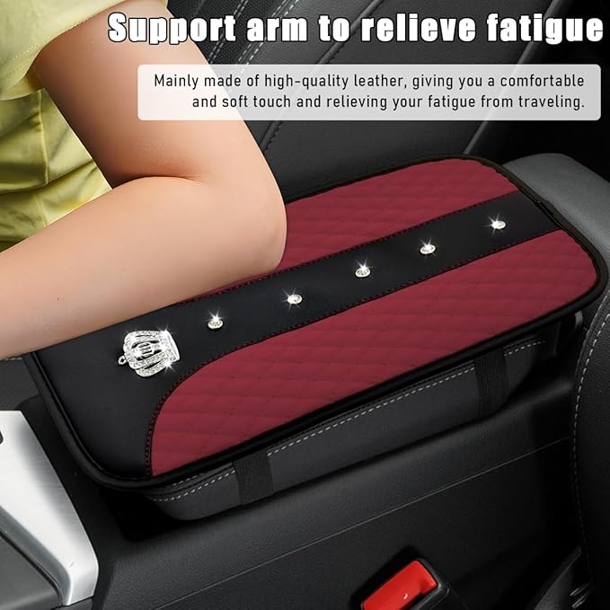 Bling Crown Car Center Console Mats, Anti-Slip and Waterproof Crystal Car Armrest Pad Protector, Universal Rustproof Armrest Decor Cushion for Cars & SUVs, Car Accessories (Wine Red)