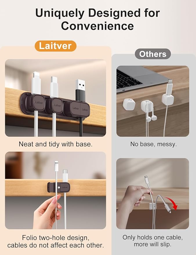 6 Pack Magnetic Cable Clips [1s Open/Lock], Laitver Cord Organizer Holder Strong Adhesive Desk Cable Management- Organize Charging Cords Neatly for Home, Office, Car,Desk, Nightstand-Bronze