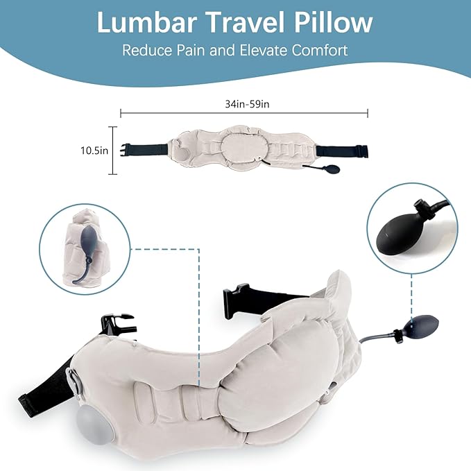 JIPORIER Inflatable Seat Cushion Pillow for Airplane Travel Lumbar Support Pillow for Office Chair/Car Seat Dual-Zone Adjustable Back Support for Reducing Lower Back Pain