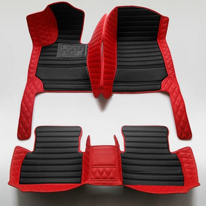 Custom Fit Car Floor Mats for Most Cars, SUVs, Trucks - Waterproof PU Leather All-Weather Floor Liners - Durable Anti-Slip Interior Car Accessories to Protect Vehicle Floors (Red with Black Strip)