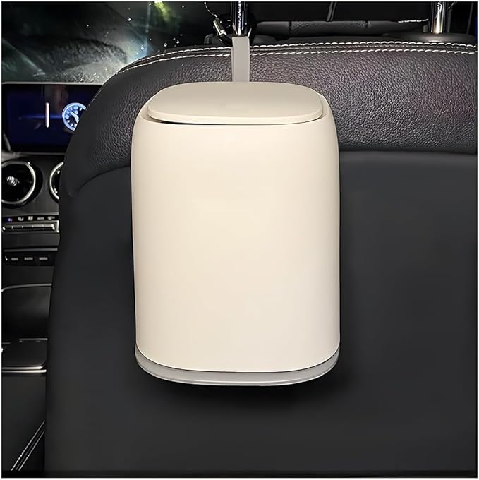 Car Trash Can Bin with Lid, Leakproof Cute Cartoon Style Hanging Car Flip Lid Trash Can, Detachable Garbage Bin Organizer Storage for Car Truck SUV Sedan, Car Accessories (White)