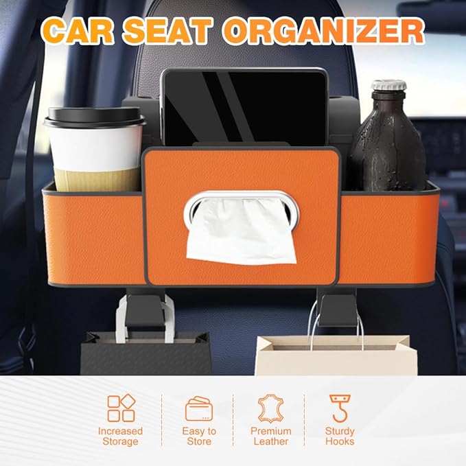 Back Seat Car Organizer,3 in 1 Car Backseat Storage Box with Cup Holder,Tissue Box,Trash Bin&Hooks,Multifunctional Waterproof Storage for Hold Phones Snacks Drinks Handbags (2, White)