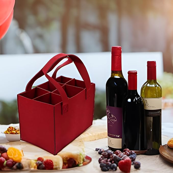 6 Bottle Wine Carrier with Divider Felt Wine Storage Tote Bag, Portable Reusable Wine Travel Bag with Handle for Christmas Travel Camping Picnic Party (Red)