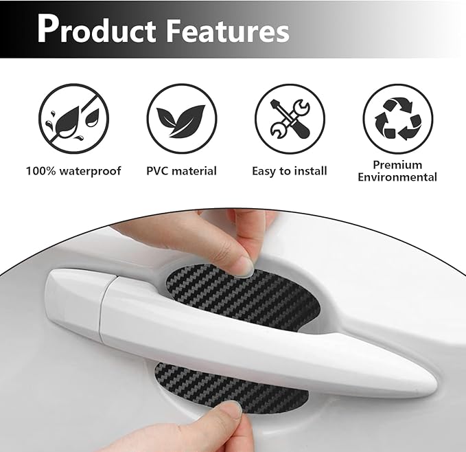 Kewucn 4PCS Car Door Handle Sticker, Carbon Fiber Auto Door Side Handle Protective Films, Anti-Scratch Vehicle Door Cup Protector, Universal Exterior Accessories for Most Cars (Black)