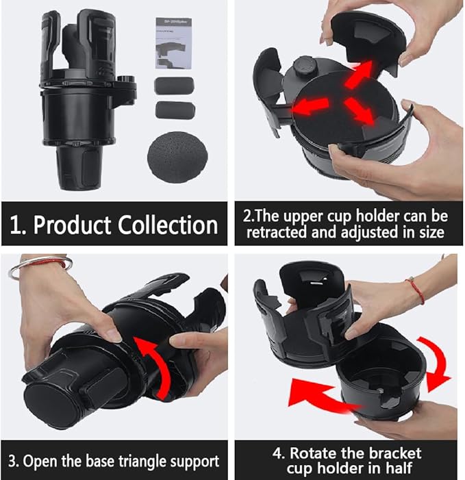 Upgrade Dual Cup Holder Expander, 2 in 1 Multifunction Cup Holder for Car with Lock, 360° Rotating Car Cup Drink Holder with Adjustable Base, Cupholder Expander for Large Water Bottles, Cups