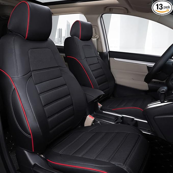HKZ Fit CRV Car Seat Covers Full Set for Honda CR-V 2017-2022; Leather (Black with Red Trim)