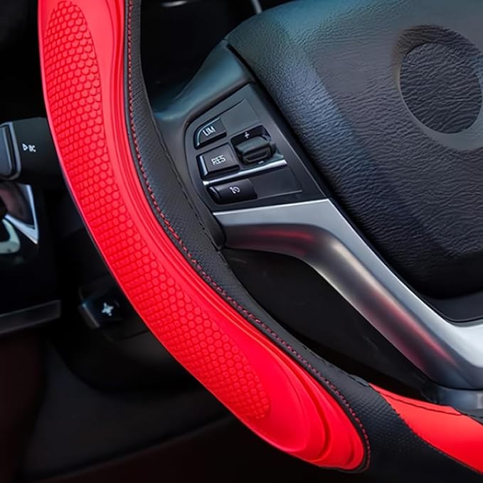 15 Inch Car Leather Steering Wheel Cover, Automotive Accessories Elastic Breathable Anti-Slip Soft Wheel Protector Fits Men and Women, Suitable for SUVs, Trucks, Vehicles and RVs (Red)