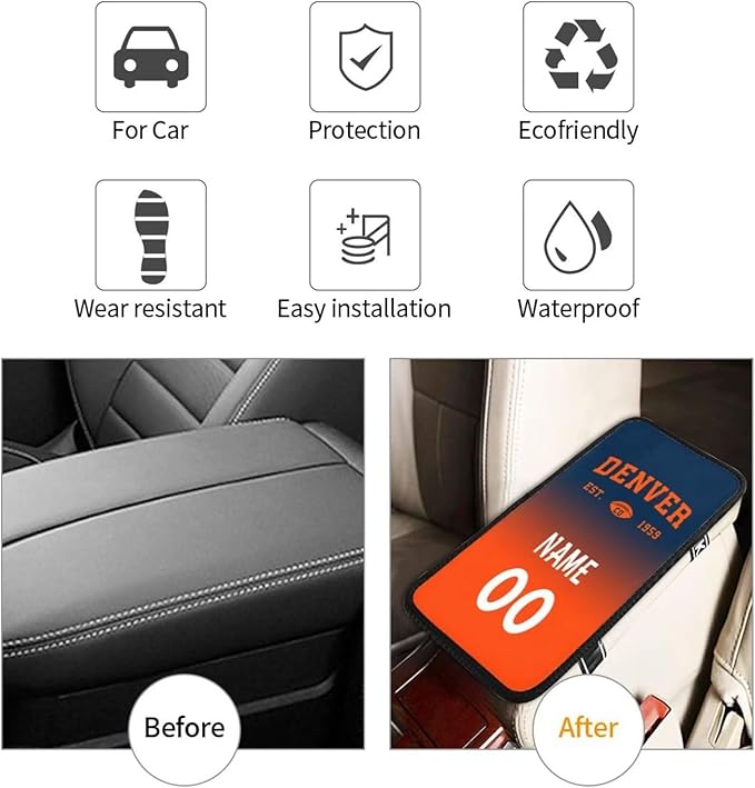 Custom Car Armrest Cover,Add Personalized Name and Number As Gifts for Loyal Football Fans,Auto Center Console Pad Car handrail Box Cushion,Fit for Most Car